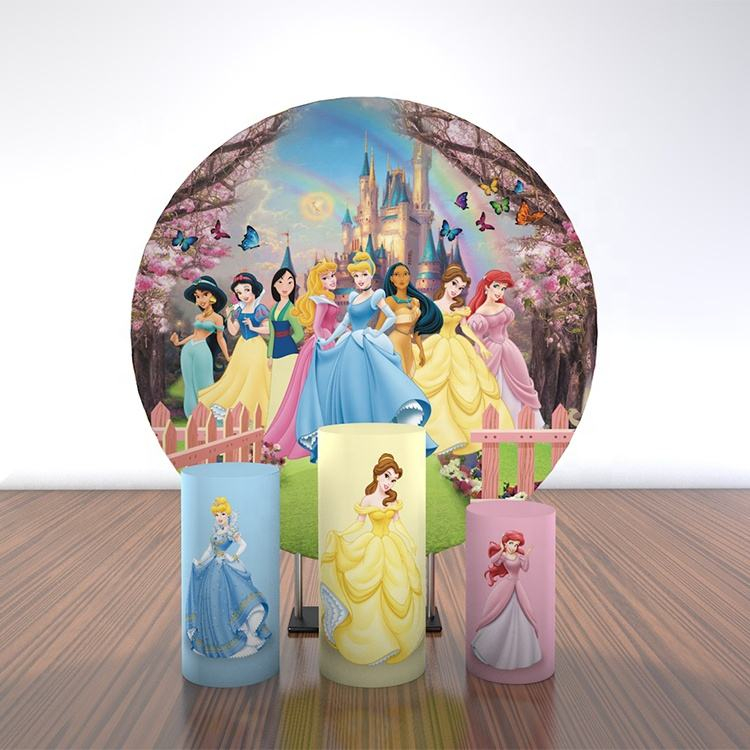 6.5ft Princess girls theme round party decor fabric backdrop with cylinder stand