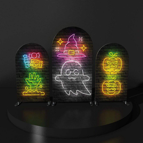 Shiny cute neon signs Halloween dark background party decor photo arch backdrop