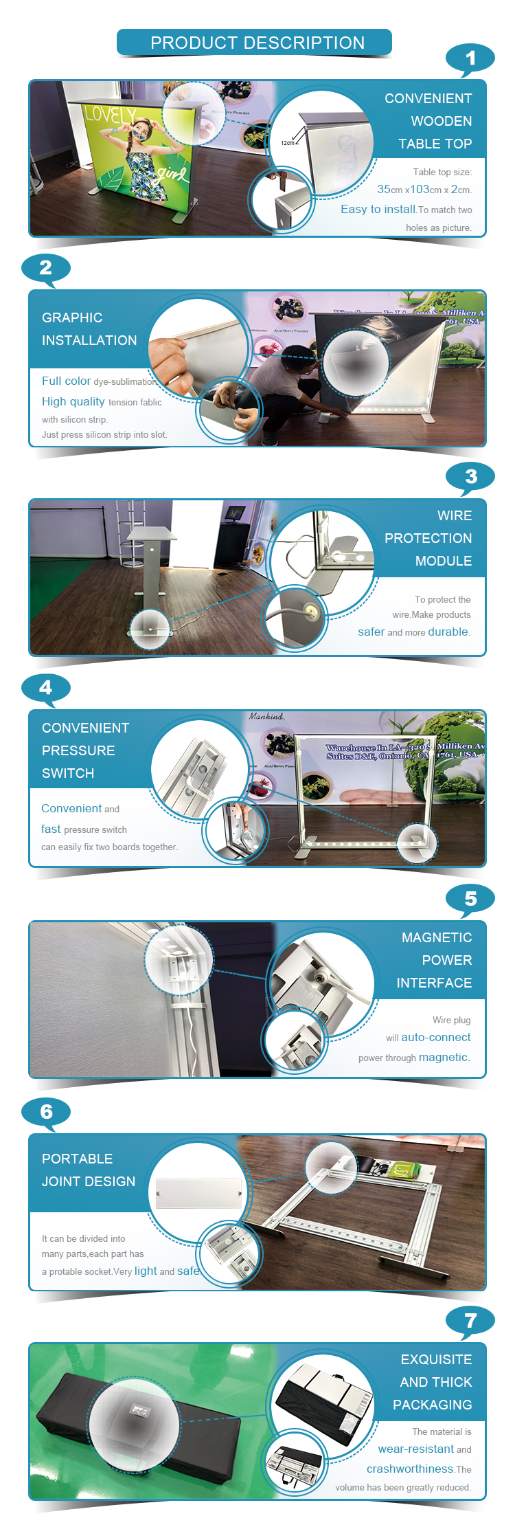Portable foldable aluminum led light backlit promotion pop up counter display booth