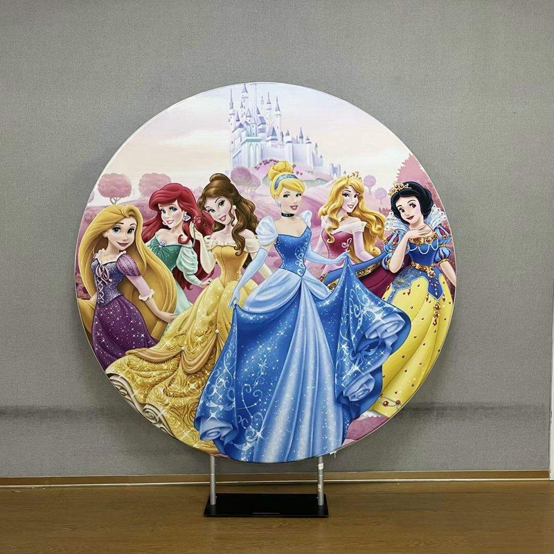 New design 7ft Circle Kids Birthday Party Carton Frozen Tension Fabric Acrylic Wedding Backdrop Round Wall Stand