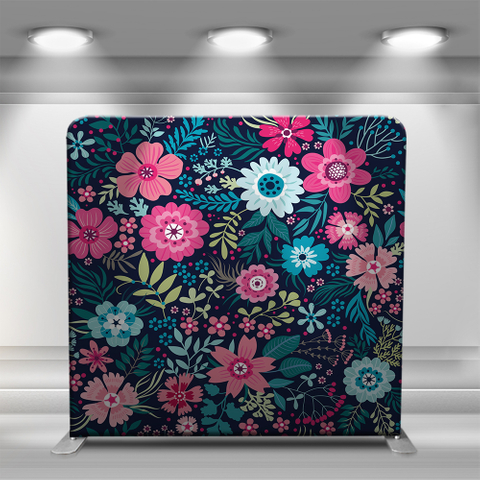 Colorful repeating flowers on dark background
